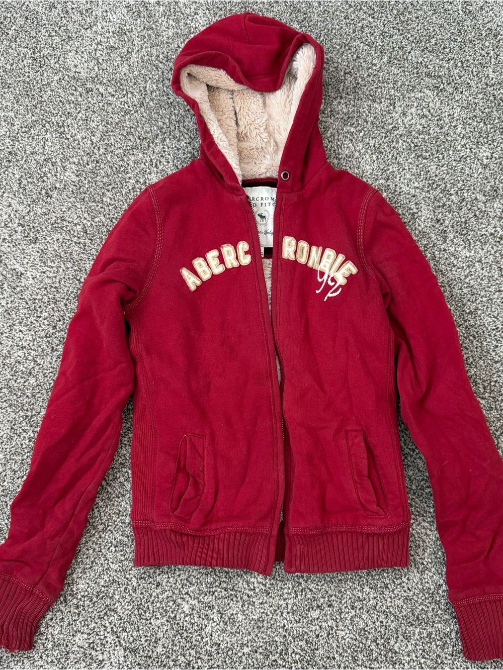 Abercrombie & Fitch Red Faux Fur Lined Zip Hoodie Jacket Size L